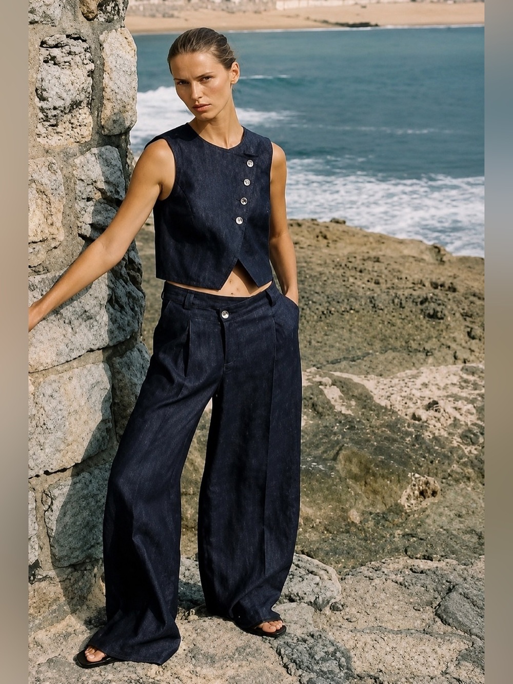 Zara 100% Linen Cross Waist Wide Leg Pants Indigo Blue S NWT